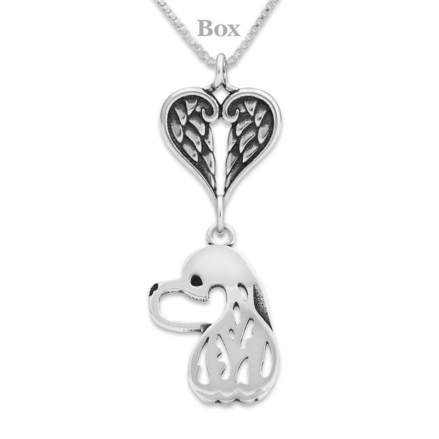 Cocker Spaniel Sympathy Gift Necklace with Heart Shaped Angel Wing Pendant in Sterling Silver on Box Chain.