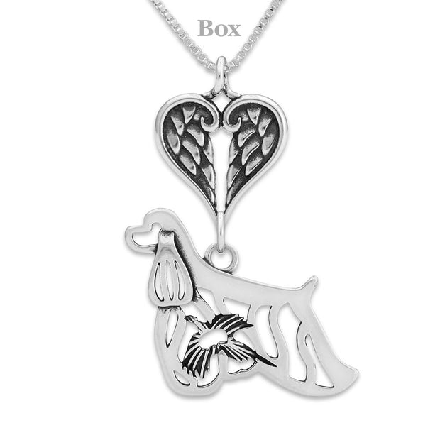 Cocker Spaniel Sympathy Gift Necklace with Heart Shaped Angel Wing Pendant in Sterling Silver on Box Chain.
