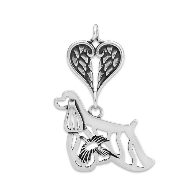 Cocker Spaniel Sympathy Gift Pendant with Heart Shaped Angel Wing Pendant in Sterling Silver.