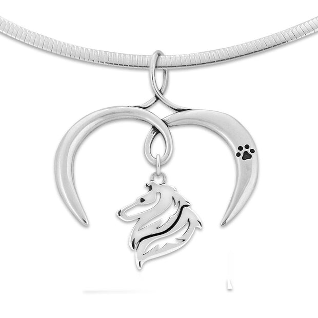 Rough Coat Collie Necklace with Open Heart Charm Holder with Paw Print in Sterling Silver on Omega Chain.