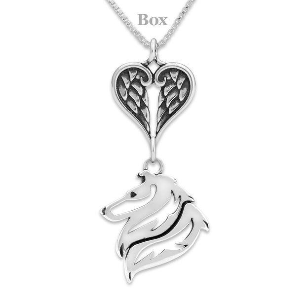 Rough Coat Collie Sympathy Gift Necklace with Heart Shaped Angel Wing Pendant in Sterling Silver on Box Chain.