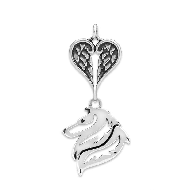 Rough Coat Collie Sympathy Gift Pendant with Heart Shaped Angel Wing Pendant in Sterling Silver.