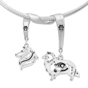 Rough Coat Collie Necklace Head and Body Designs on Paw Print Charm Holder in Sterling Silver on Omega Chain.