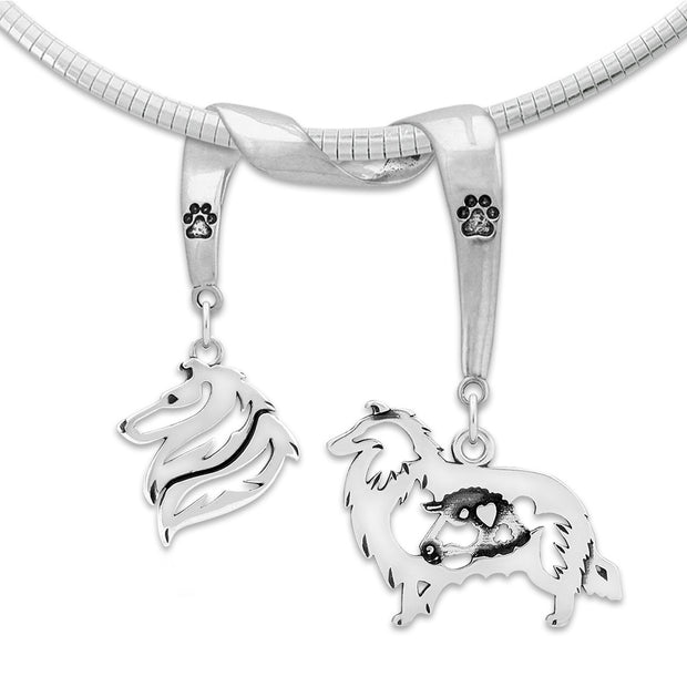Rough Coat Collie Necklace Head and Body Designs on Paw Print Charm Holder in Sterling Silver on Omega Chain.