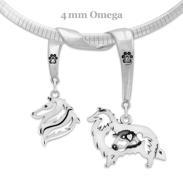 Rough Coat Collie Necklace Head and Body Designs on Paw Print Charm Holder in Sterling Silver on Omega Chain.