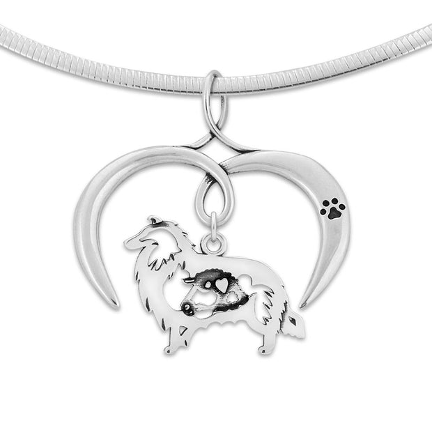 Rough Coat Collie Necklace with Open Heart Charm Holder with Paw Print in Sterling Silver on Omega Chain.