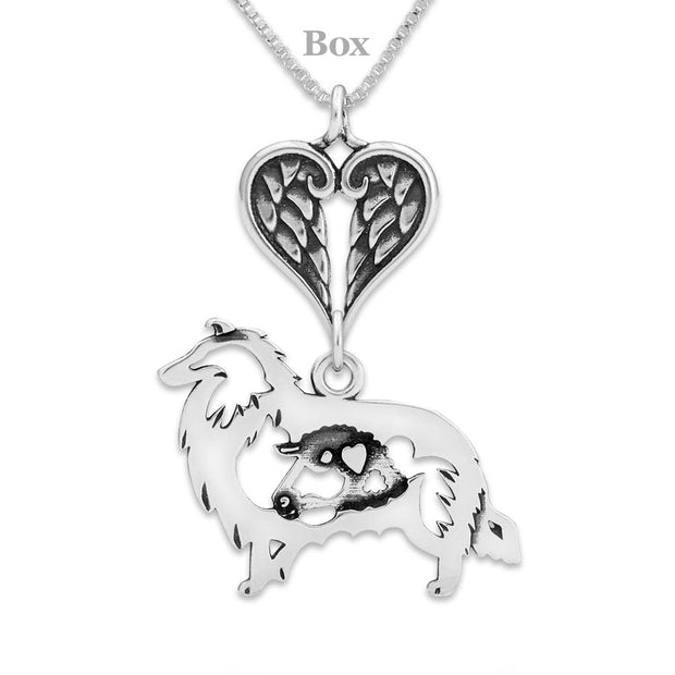 Rough Coat Collie Sympathy Gift Necklace with Heart Shaped Angel Wing Pendant in Sterling Silver on Box Chain.