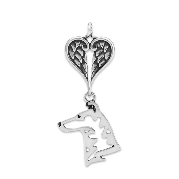 Smooth Coat Collie Sympathy Gift Pendant with Heart Shaped Angel Wing Pendant in Sterling Silver.