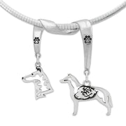 Smooth Coat Collie Necklace Head and Body Designs on Paw Print Charm Holder in Sterling Silver on Omega Chain.