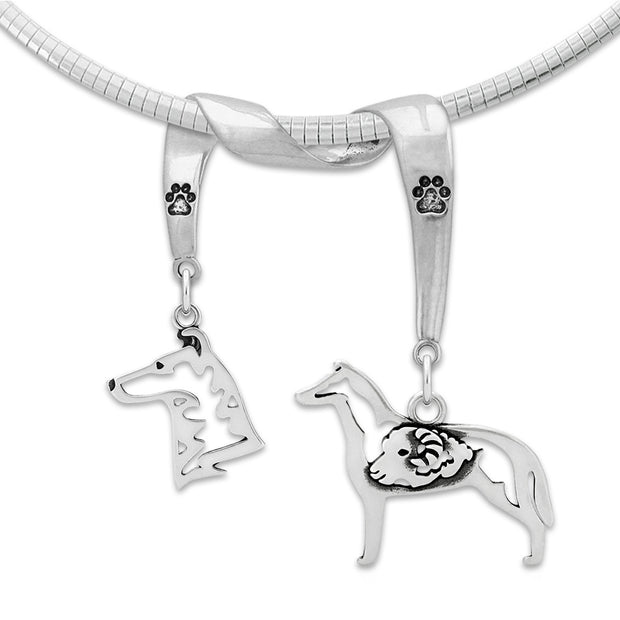 Smooth Coat Collie Necklace Head and Body Designs on Paw Print Charm Holder in Sterling Silver on Omega Chain.