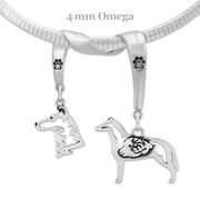 Smooth Coat Collie Necklace Head and Body Designs on Paw Print Charm Holder in Sterling Silver on Omega Chain.