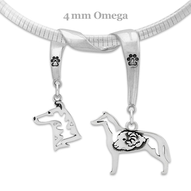 Smooth Coat Collie Necklace Head and Body Designs on Paw Print Charm Holder in Sterling Silver on Omega Chain.