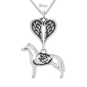 Smooth Coat Collie Sympathy Gift Necklace with Heart Shaped Angel Wing Pendant in Sterling Silver on Box Chain.