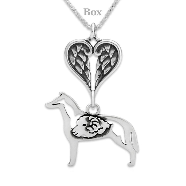 Smooth Coat Collie Sympathy Gift Necklace with Heart Shaped Angel Wing Pendant in Sterling Silver on Box Chain.