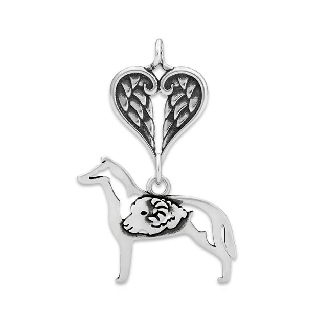 Smooth Coat Collie Sympathy Gift Pendant with Heart Shaped Angel Wing Pendant in Sterling Silver.