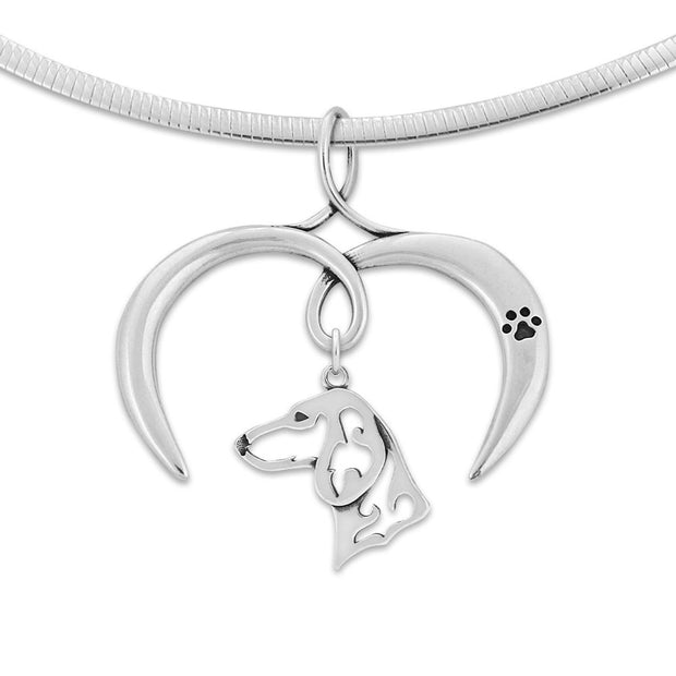 Dachshund Necklace with Open Heart Charm Holder with Paw Print in Sterling Silver on Omega Chain.