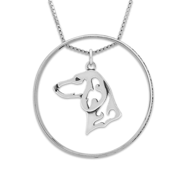 Sterling Silver Dachshund Necklace w/Paw Print Enhancer, Smooth Coat Head