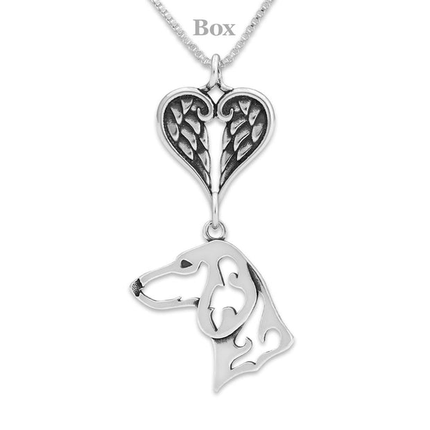 Dachshund Sympathy Gift Necklace with Heart Shaped Angel Wing Pendant in Sterling Silver on Box Chain.
