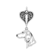Dachshund Sympathy Gift Pendant with Heart Shaped Angel Wing Pendant in Sterling Silver.