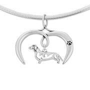 Dachshund Necklace with Open Heart Charm Holder with Paw Print in Sterling Silver on Omega Chain.