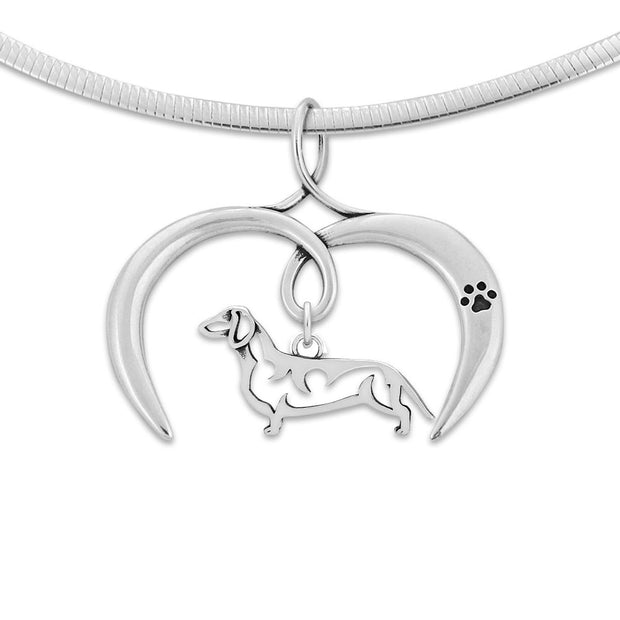 Dachshund Necklace with Open Heart Charm Holder with Paw Print in Sterling Silver on Omega Chain.