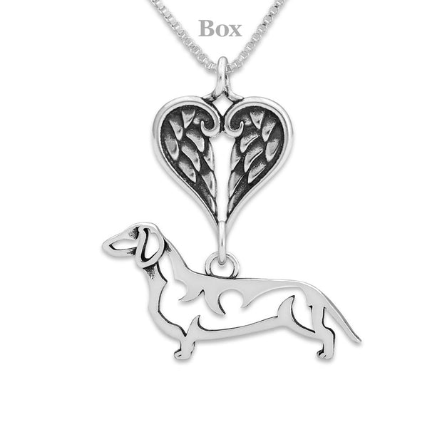 Dachshund Sympathy Gift Necklace with Heart Shaped Angel Wing Pendant in Sterling Silver on Box Chain.