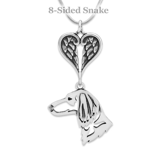 Longhaired Dachshund Sympathy Gift Necklace with Heart Shaped Angel Wing Pendant in Sterling Silver on Box Chain.