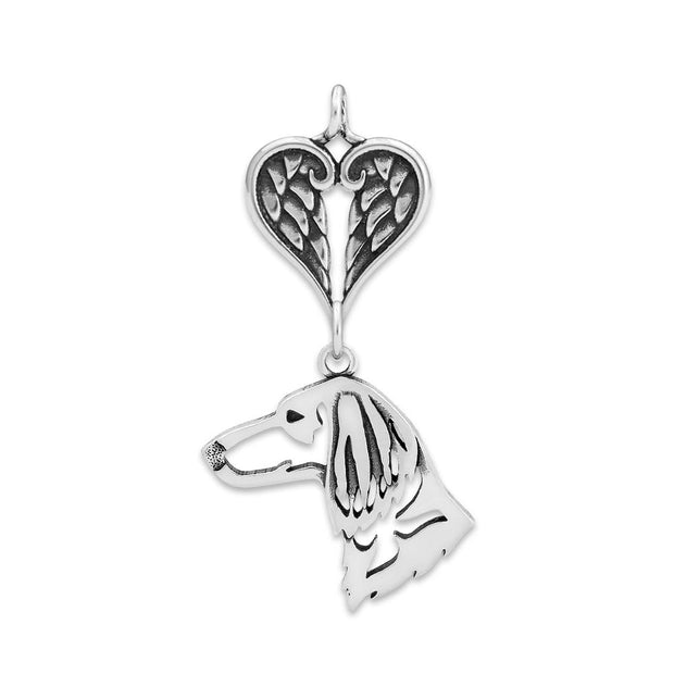 Longhaired Dachshund Sympathy Gift Pendant with Heart Shaped Angel Wing Pendant in Sterling Silver.