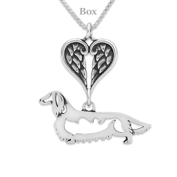 Longhaired Dachshund Sympathy Gift Necklace with Heart Shaped Angel Wing Pendant in Sterling Silver on Box Chain.