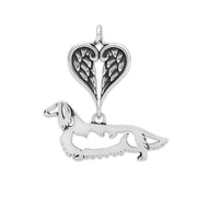 Longhaired Dachshund Sympathy Gift Pendant with Heart Shaped Angel Wing Pendant in Sterling Silver.