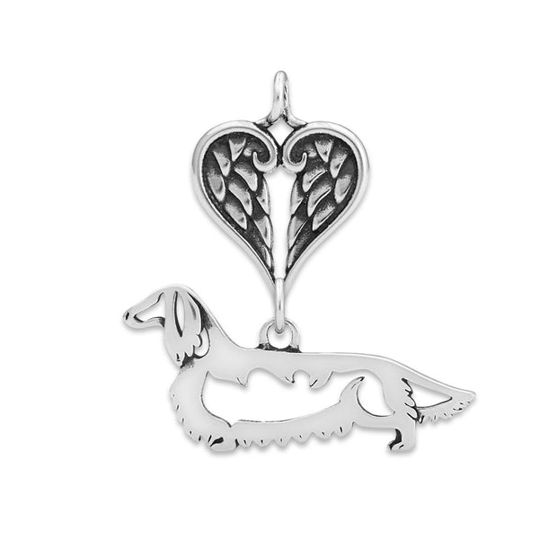 Longhaired Dachshund Sympathy Gift Pendant with Heart Shaped Angel Wing Pendant in Sterling Silver.