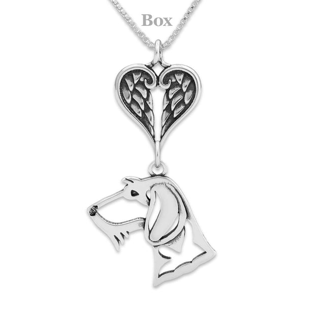 Wirehaired Dachshund Sympathy Gift Necklace with Heart Shaped Angel Wing Pendant in Sterling Silver on Box Chain.
