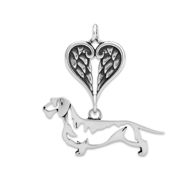 Wirehaired Dachshund Sympathy Gift Pendant with Heart Shaped Angel Wing Pendant in Sterling Silver.