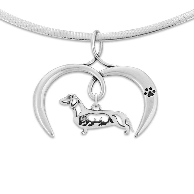 Dachshund Necklace with Open Heart Charm Holder with Paw Print in Sterling Silver on Omega Chain.