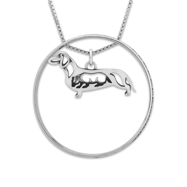 Sterling Silver Dachshund Necklace w/Paw Print Enhancer, Smooth w/Badger