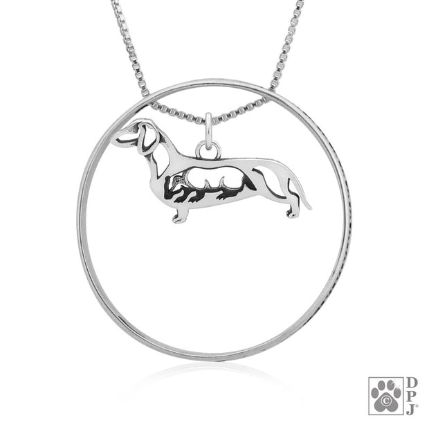 Sterling Silver Dachshund Necklace w/Paw Print Enhancer, Smooth w/Badger