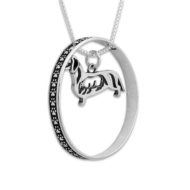 Sterling Silver Dachshund Necklace w/Paw Print Enhancer, Smooth w/Badger