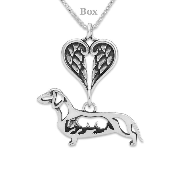 Dachshund Sympathy Gift Necklace with Heart Shaped Angel Wing Pendant in Sterling Silver on Box Chain.