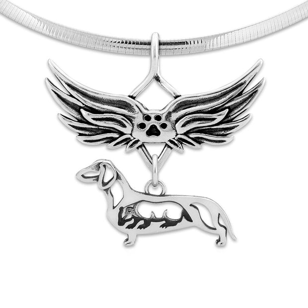 Dachshund Pet Loss Necklace with Angel Wing Charm Holder with Paw Print in Sterling Silver on Omega Chain.
