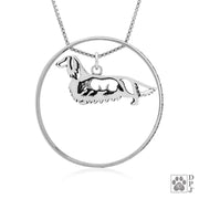 Sterling Silver Dachshund Necklace w/Paw Print Enhancer, Longhaired w/Badger