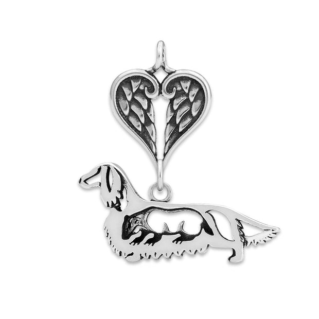 Longhaired Dachshund Sympathy Gift Pendant with Heart Shaped Angel Wing Pendant in Sterling Silver.