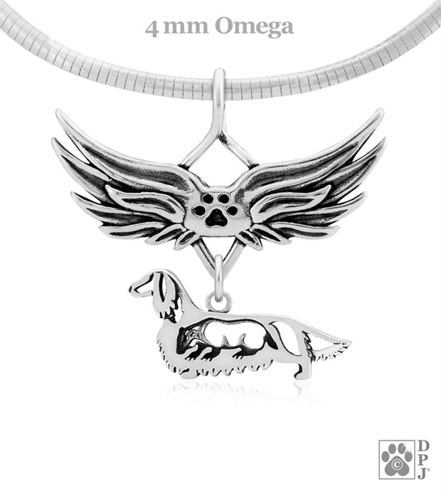 Sterling silver Doxie angel wing memorial necklace, Rainbow bridge jewelry, Pet sympathy gifts