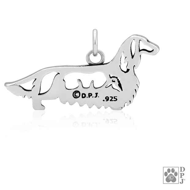 Dachshund Necklace Charm in Sterling Silver, Longhaired w/Badger