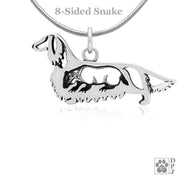 Dachshund Necklace Charm in Sterling Silver, Longhaired w/Badger