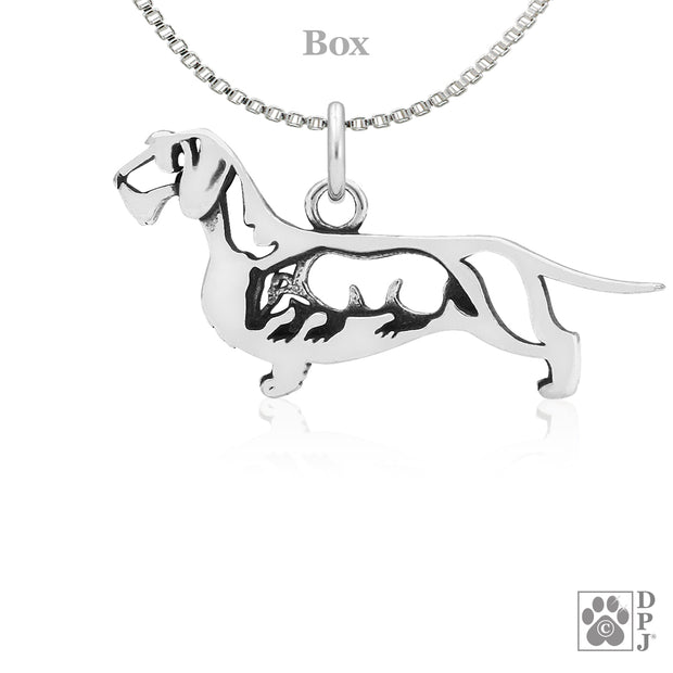 Dachshund Necklace Charm in Sterling Silver, Wirehaired w/Badger