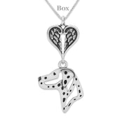 Dalmation Sympathy Gift Necklace with Heart Shaped Angel Wing Pendant in Sterling Silver on Box Chain.