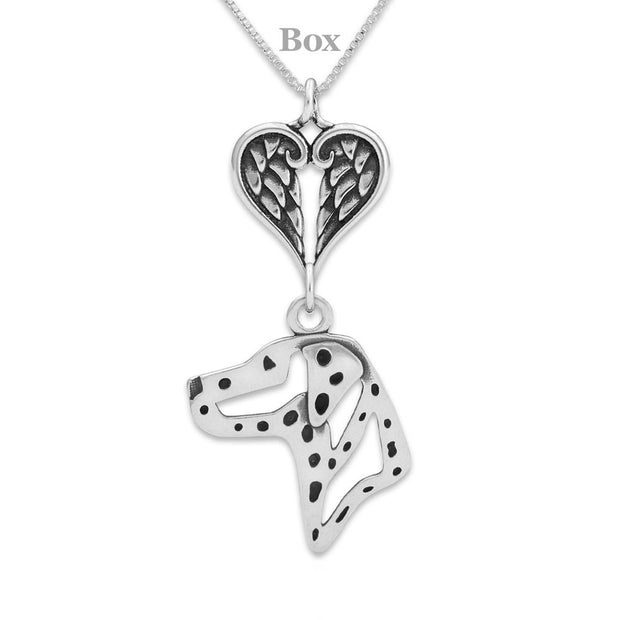 Dalmation Sympathy Gift Necklace with Heart Shaped Angel Wing Pendant in Sterling Silver on Box Chain.