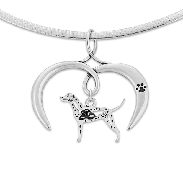 Dalmation Necklace with Open Heart Charm Holder with Paw Print in Sterling Silver on Omega Chain.