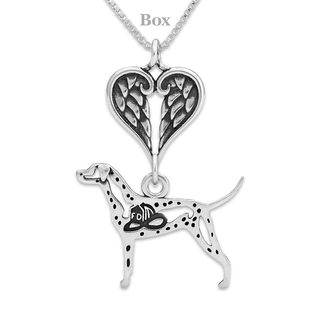 Dalmation Sympathy Gift Necklace with Heart Shaped Angel Wing Pendant in Sterling Silver on Box Chain.
