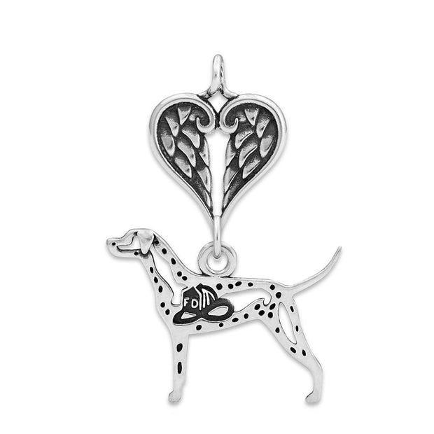 Dalmation Sympathy Gift Pendant with Heart Shaped Angel Wing Pendant in Sterling Silver.